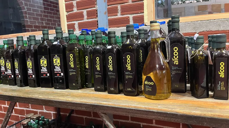 A row of olive-oil bottles on a wooden shelf